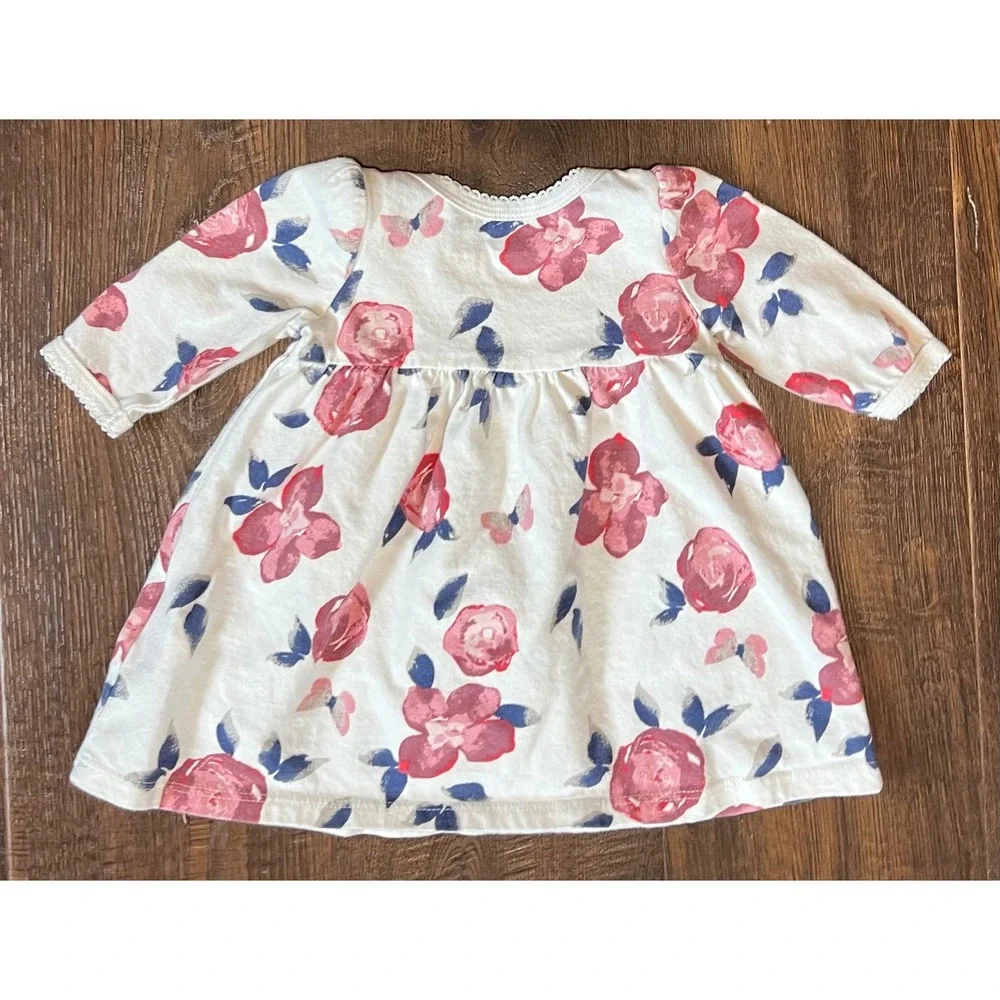 Old Navy Baby Girl Pink Floral Long Sleeve Cotton Dress 0-3 Months Butterfly